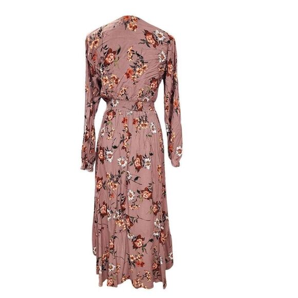 Women's Size XL Blush Pink Floral Print Hi Low Maxi Dress Long-Sleeve Elastic Wa - Picture 2 of 5